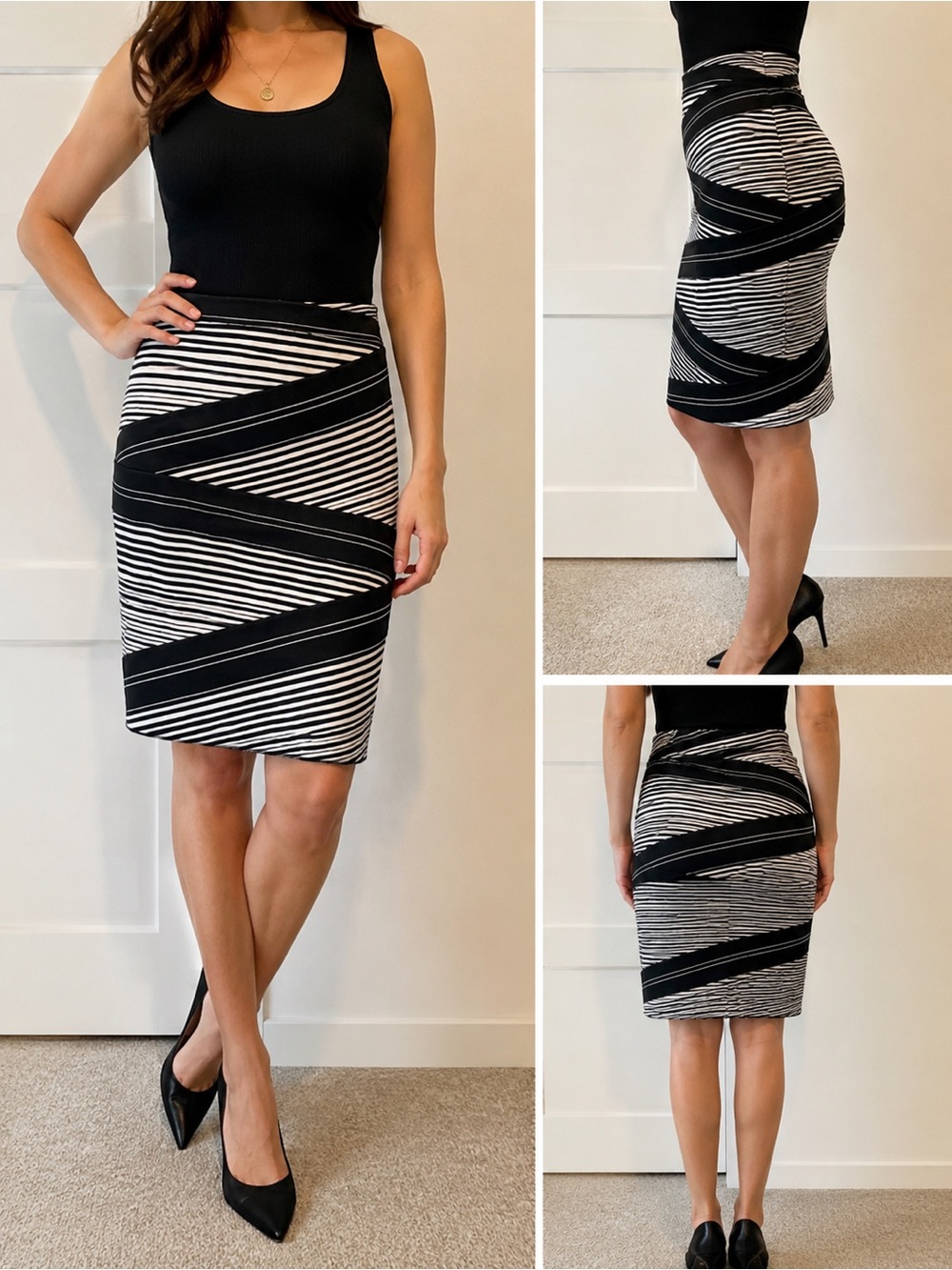 Joseph Ribkoff Black White Striped Bodycon Pencil Skirt Size 6